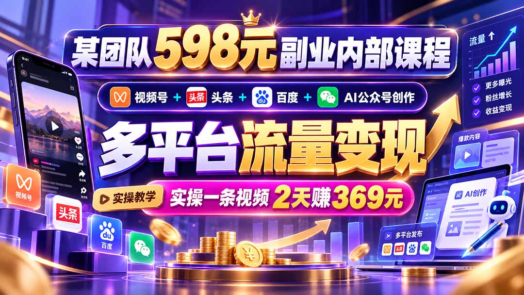某团队598元副业内部课程：视频号+头条+百度+AI公众号创作、多平台流量变现，实操一条视频2天赚369元-资源社