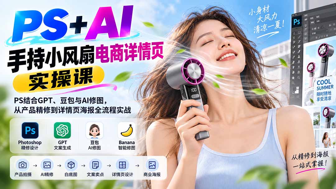 PS+AI手持小风扇电商详情页实操课：PS结合GPT、豆包与AI修图，从产品精修到详情页海报全流程实战-资源社