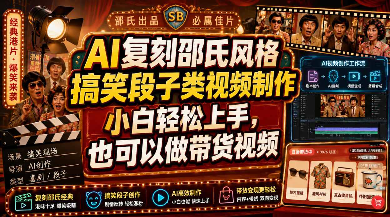 AI复刻邵氏风格搞笑段子类视频制作，小白轻松上手，也可以做带货视频-资源社