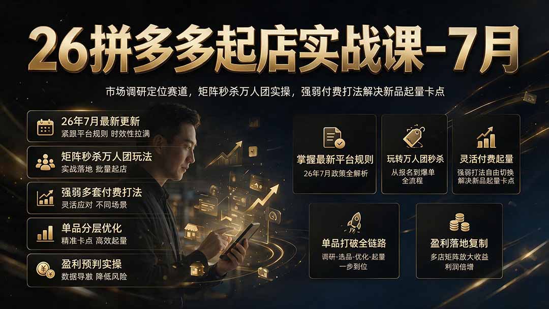 26拼多多起店实战课-7月｜市场调研定位赛道，矩阵秒杀万人团实操，强弱付费打法解决新品起量卡点-资源社