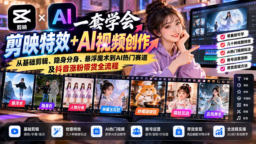一套学会剪映特效+AI视频创作:从基础剪辑、隐身分身、悬浮魔术到AI热门赛道及抖音涨粉带货全流程-资源社