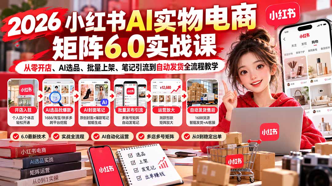 2026小红书AI实物电商矩阵6.0实战课:从零开店、AI选品、批量上架、笔记引流到自动发货全流程教学-资源社