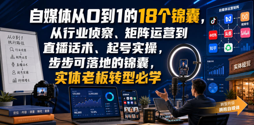 自媒体从0到1的18个锦囊,从行业侦察、矩阵运营到直播话术、起号实操,步步可落地的锦囊,实体老板转型必学-资源社