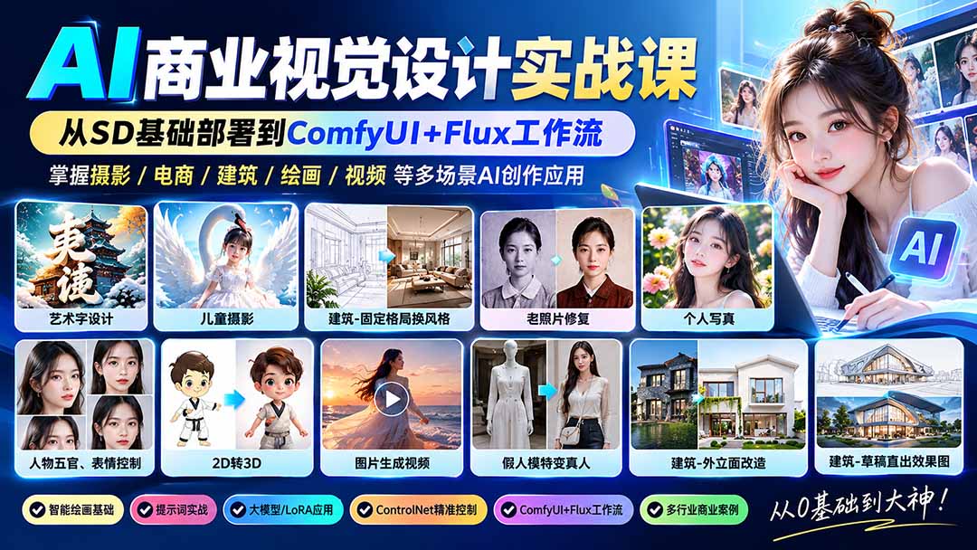 【无水印】AI商业视觉设计实战课:从SD基础部署到ComfyUI+Flux工作流,掌握摄影电商建筑AI创作-资源社