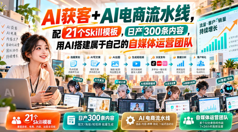 AI获客+AI电商流水线，配21个Skill模板，日产300条内容，用AI搭建属于自己的自媒体运营团队-资源社