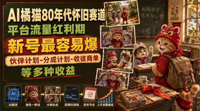 AI橘猫80年代怀旧赛道,平台流量红利期,新号最容易爆,伙伴计划-分成计划-收徒商单等多种收益-资源社