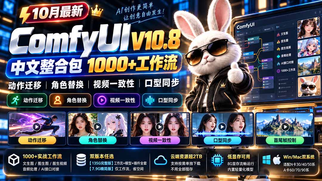 10月最新ComfyUI V10.8中文整合包 1000+工作流 动作迁移 角色替换 视频一致性 口型同步 低显存可用-资源社