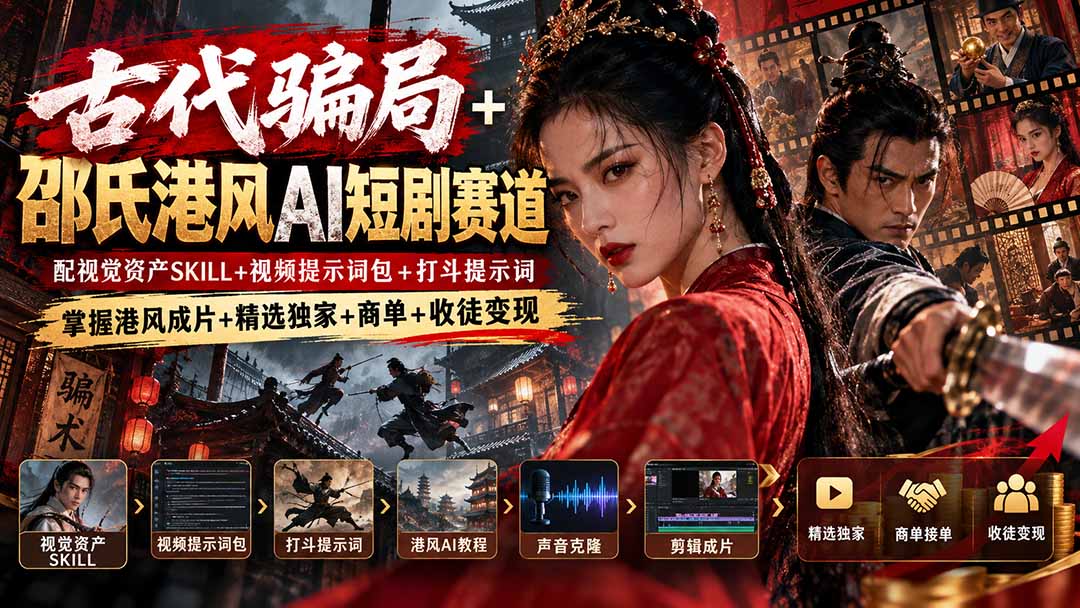 古代骗局+邵氏港风AI短剧赛道：配视觉资产SKILL+视频提示词包+打斗提示词，掌握港风成片+精选独家+商单+收徒变现-资源社