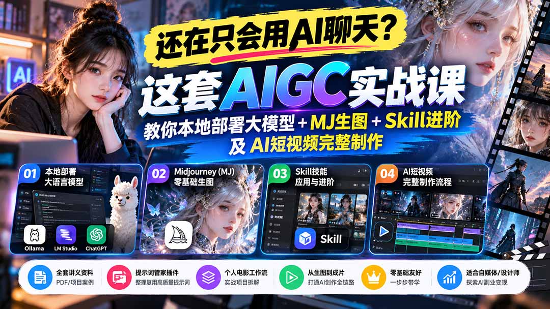 【无水印】还在只会用AI聊天？这套AIGC实战课教你本地部署大模型+MJ生图+Skill进阶及AI短视频完整制作-资源社