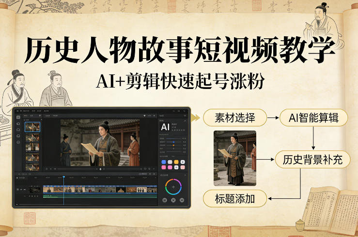 历史人物故事短视频教学，AI+剪辑制作历史人物题材短视频，快速起号涨粉-资源社