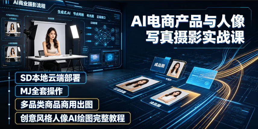 AI电商产品与人像写真摄影实战课|SD本地云端部署、MJ全套操作、多品类商品商用出图、创意风格人像AI绘图完整教程-资源社