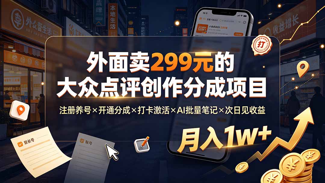 外面卖299元的大众点评创作分成项目：注册养号×开通分成×打卡激活×AI批量笔记×次日见收益，月入1w+-资源社