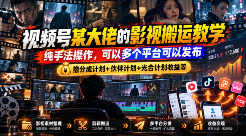 视频号某大佬的影视搬运教学，纯手法操作，可以多个平台可以发布，撸分成计划+伙伴计划+光合计划收益等-资源社