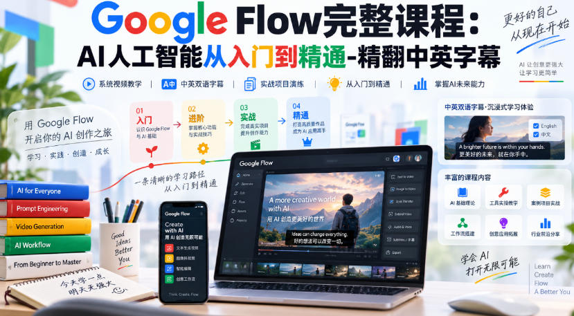 【无水印】Google Flow完整课程：AI人工智能从入门到精通-精翻中英字幕-资源社