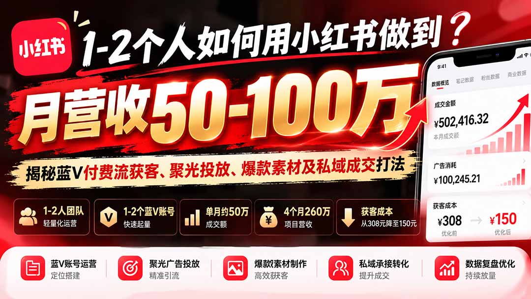 1-2个人如何用小红书做到月营收50-100万?揭秘蓝V付费流获客、聚光投放、爆款素材及私域成交打法-资源社