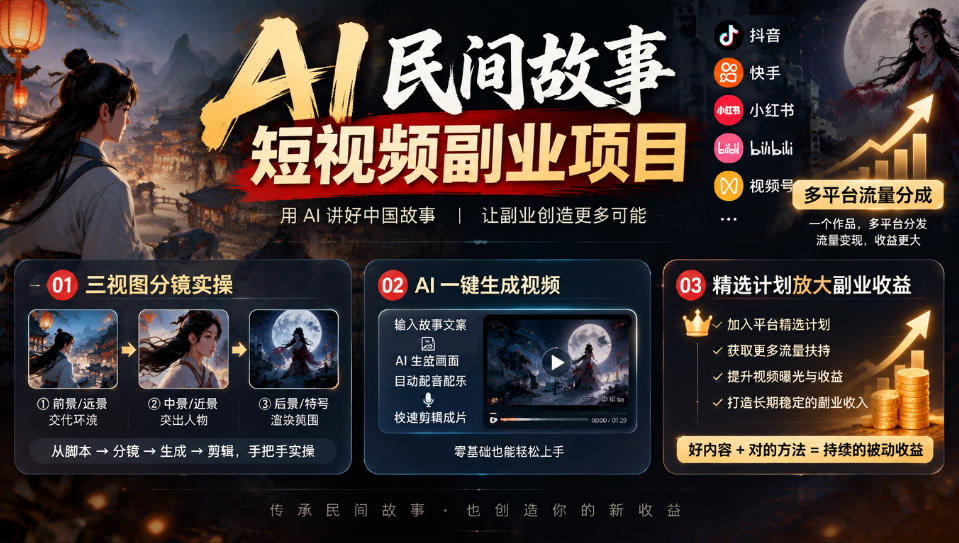 AI民间故事短视频副业项目，多平台流量分成，三视图分镜实操，精选计划放大副业收益-资源社