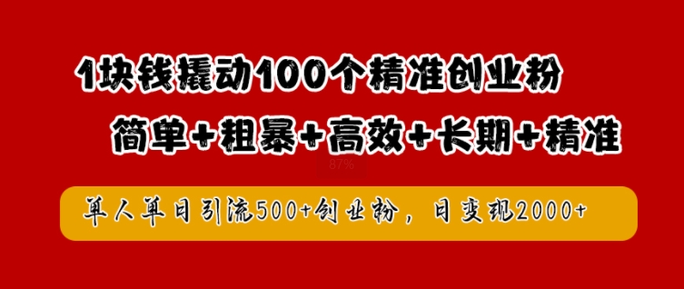 1块钱撬动100个精准创业粉，简单粗暴高效长期精准，单人单日引流500+创业粉，日变现2k【揭秘】-资源社