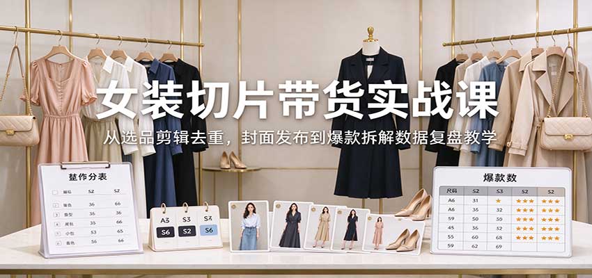女装切片带货实战课：从选品剪辑去重，封面发布到爆款拆解数据复盘教学-资源社