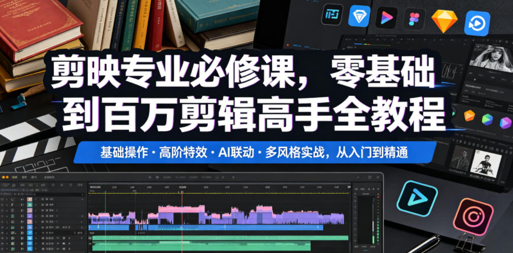 剪映专业必修课，零基础到百万剪辑高手全教程，基础操作・高阶特效・AI联动・多风格实战，从入门到精通-资源社