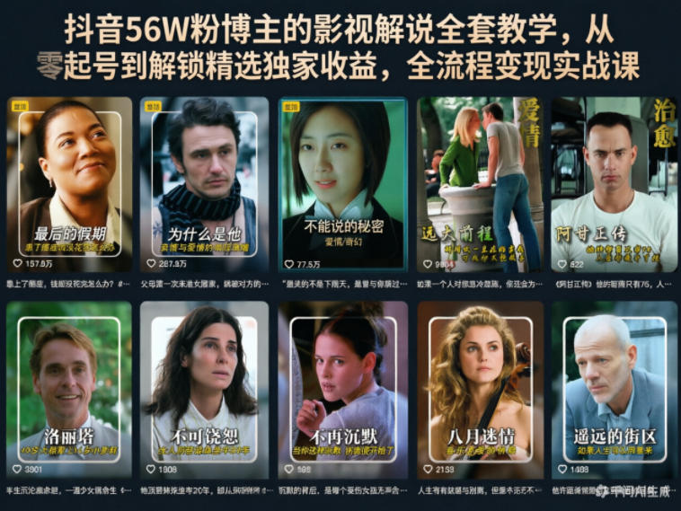 抖音56W粉博主的影视解说全套教学，从零起号到解锁精选独家收益，全流程变现实战课-资源社