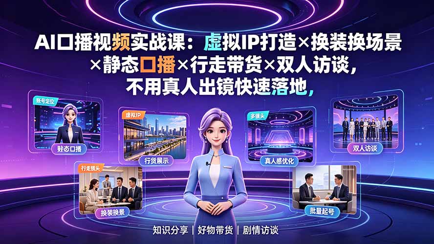 AI口播视频实战课：虚拟IP打造×换装换场景×静态口播×行走带货×双人访谈，不用真人出镜快速落地-资源社