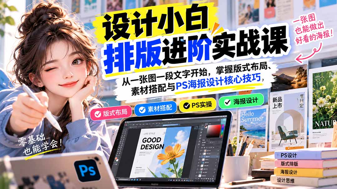 设计小白排版进阶实战课：从一张图一段文字开始，掌握版式布局、素材搭配与PS海报设计核心技巧-资源社
