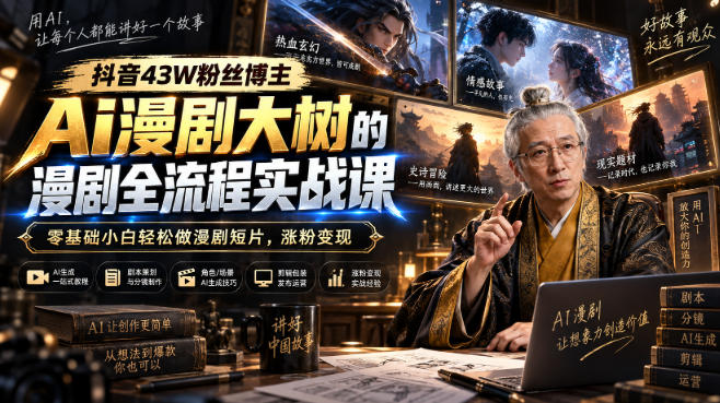 抖音43W粉丝博主Ai漫剧大树的漫剧制作全流程实战课,零基础小白轻松做漫剧短片,涨粉变现(更新1027)-资源社