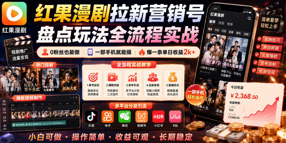 红果漫剧拉新营销号盘点玩法全流程实战，0粉丝也能做，一部手机就能做，爆一条单日收益2k+-资源社