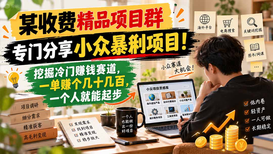 某收费精品项目群,专门分享小众暴俐项目!挖掘冷门赚钱赛道,一单赚个几十几百,一个人就能起步-资源社