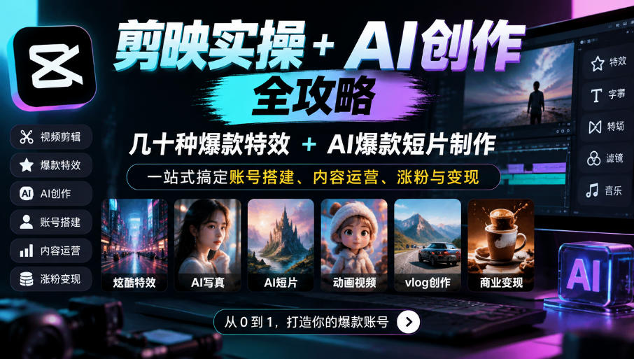 剪映实操+AI创作全攻略|几十种爆款特效+AI爆款短片制作,一站式搞定账号搭建、内容运营、涨粉与变现-资源社