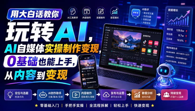 用大白话教你玩转AI，AI自媒体实操制作变现，0基础也能上手，从内容到变现-资源社