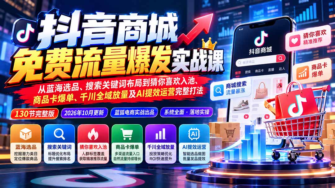 抖音商城免费流量爆发实战:从蓝海选品、搜索关键词布局到猜你喜欢入池、商品卡爆单、千川全域放量及AI提效完整打法-资源社