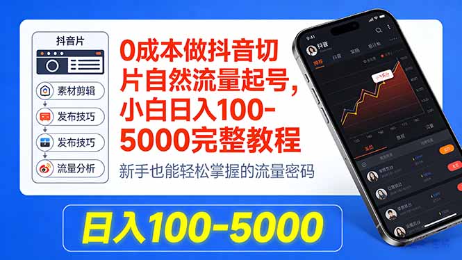 0成本做抖音切片自然流量起号，小白日入100-5000完整教程-资源社
