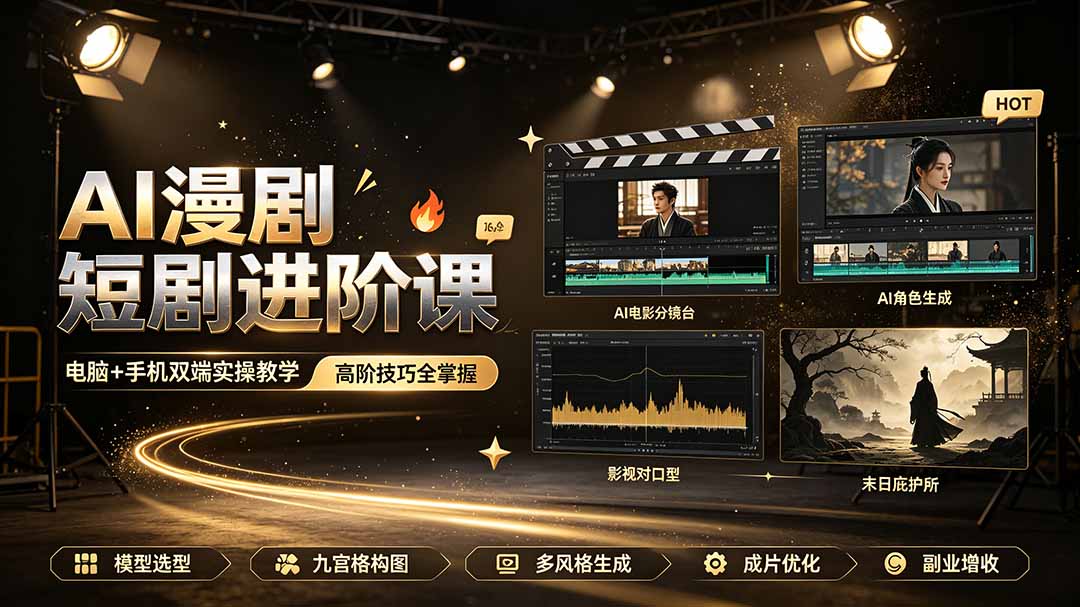 AI漫剧短剧进阶课｜电脑+手机双端实操教学｜影视剧对口型人物吃瓜×解压末日庇护所全程讲解，高阶技巧全掌握-资源社