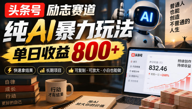 头条号励志赛道,纯AI暴力玩法,单日收益800+,快速拿结果,长期项目-资源社