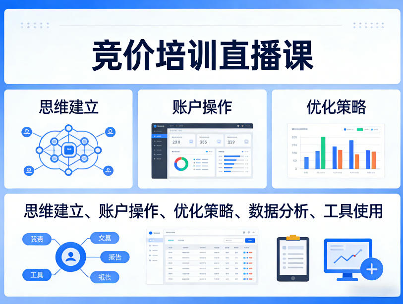 竞价培训直播课，覆盖思维建立、账户操作、优化策略、数据分析、工具使用等，全方位提升效果-资源社