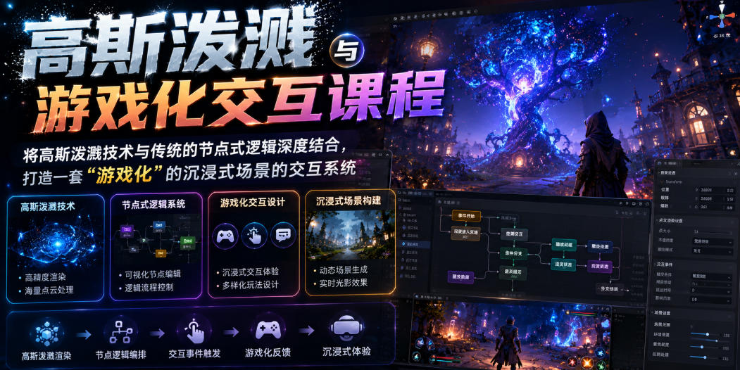 高斯泼溅与游戏化交互课程，将高斯泼溅技术与传统的节点式逻辑深度结合，打造一套“游戏化”的沉浸式场景的交互系统-资源社