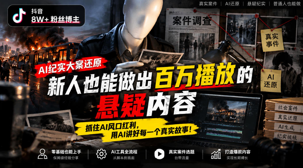 抖音8W粉丝博主的AI纪实大案还原教学，新人也能做出百W播放的悬疑内容，抓住AI风口红利，用AI讲好每一个真实故事-资源社