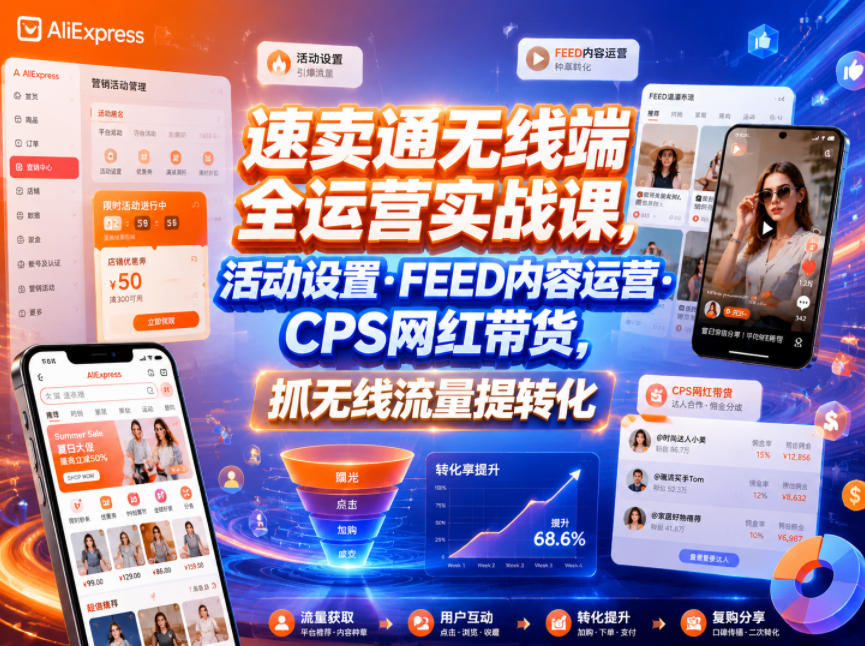 速卖通无线端全运营实战课,活动设置・FEED内容运营・CPS网红带货,抓无线流量提转化-资源社