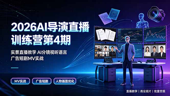 2026AI导演直播训练营第4期,实景直播教学AI分镜视听语言,广告短剧MV实战,解决人物画面崩坏痛点-资源社