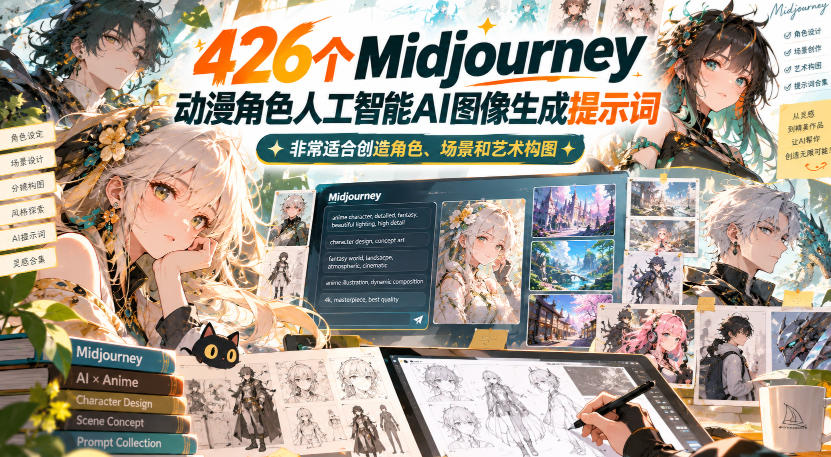 426个Midjourney动漫角色人工智能AI图像生成提示词,非常适合创造角色、场景和艺术构图-资源社