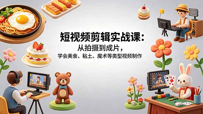 短视频剪辑实战课：从拍摄到成片，学会美食、粘土、魔术等类型视频制作-资源社