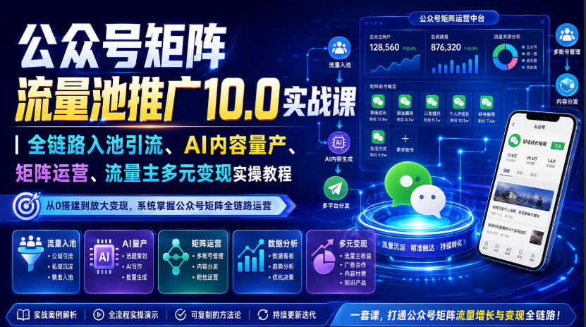 公众号矩阵流量池推广10.0实战课|全链路入池引流、AI内容量产、矩阵运营、流量主多元变现实操教程-资源社