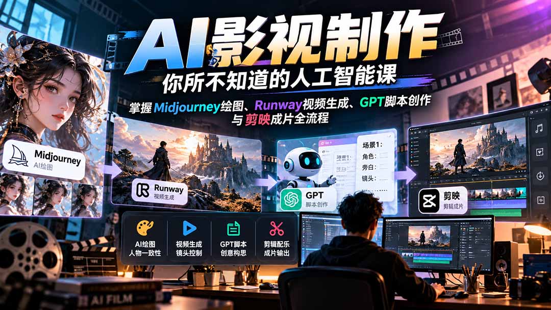 【无水印】AI影视制作-你所不知道的人工智能课，掌握Midjourney绘图、Runway视频生成、GPT脚本创作与剪映成片全流程-资源社