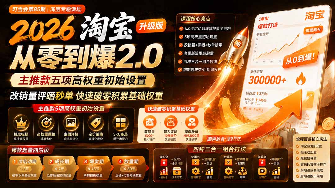 2026淘宝从零到爆2.0第85期;主推款五项高权重初始设置,改销量评晒秒单快速破零积累基础权重-资源社