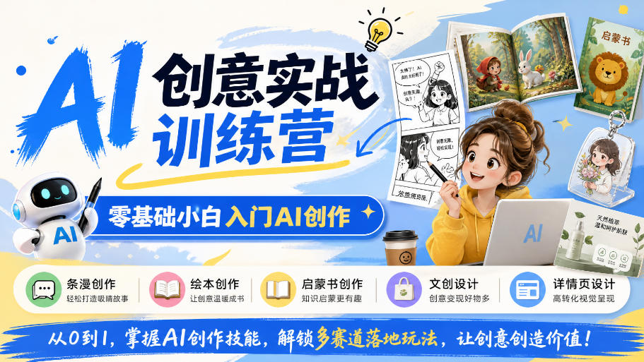 AI创意实战训练营,零基础小白入门AI创作,解锁条漫、绘本、启蒙书、文创、详情页多赛道落地玩法