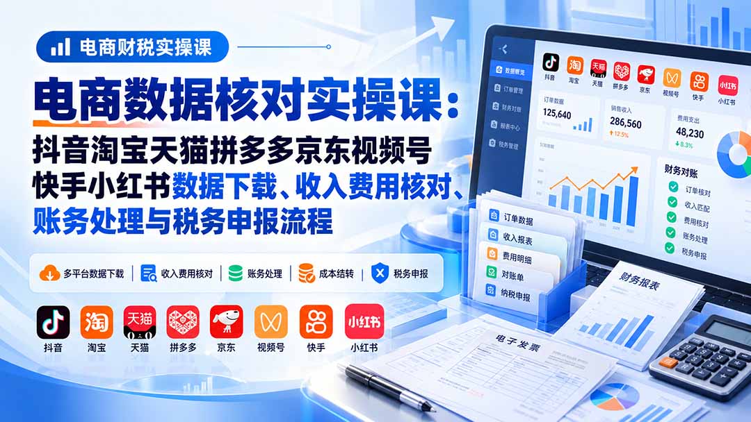 电商数据核账实操课:抖音淘宝天猫拼多多京东视频号快手小红书数据下载、收入费用核对、账务处理与税务申报流程-资源社