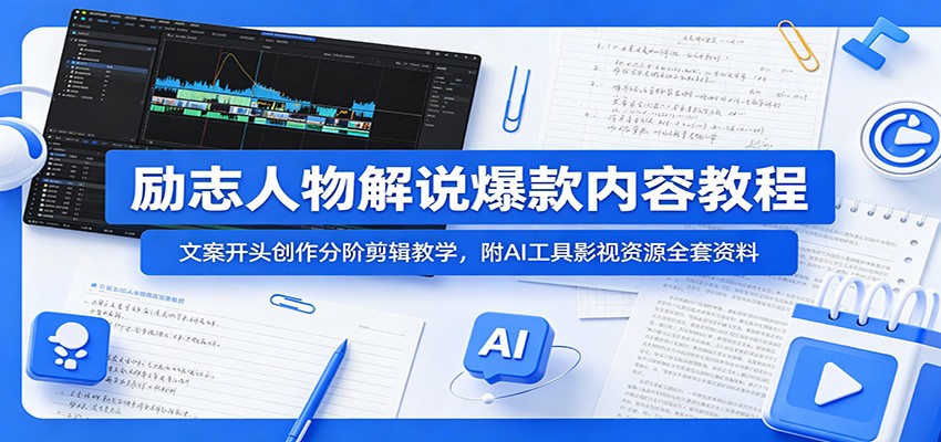 励志人物解说爆款内容教程:文案开头创作分阶剪辑教学,附AI 工具影视资源全套资料-资源社