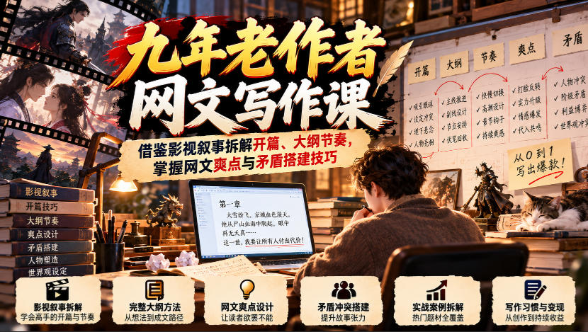 九年老作者网文写作课：借鉴影视叙事拆解开篇、大纲节奏，掌握网文爽点与矛盾搭建技巧-资源社