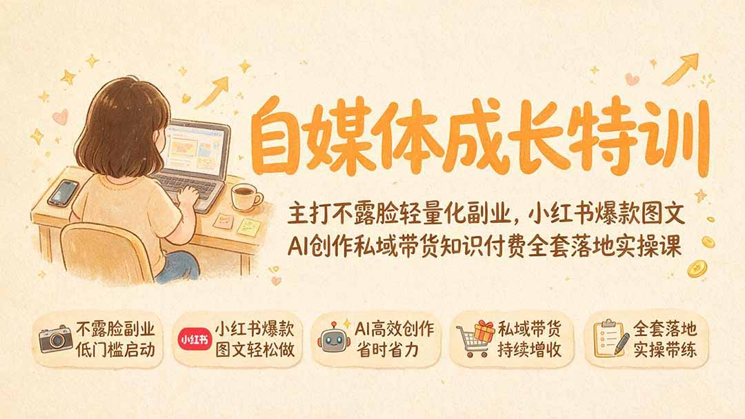 自媒体成长特训｜主打不露脸轻量化副业，小红书爆款图文AI创作私域带货知识付费全套落地实操课-资源社